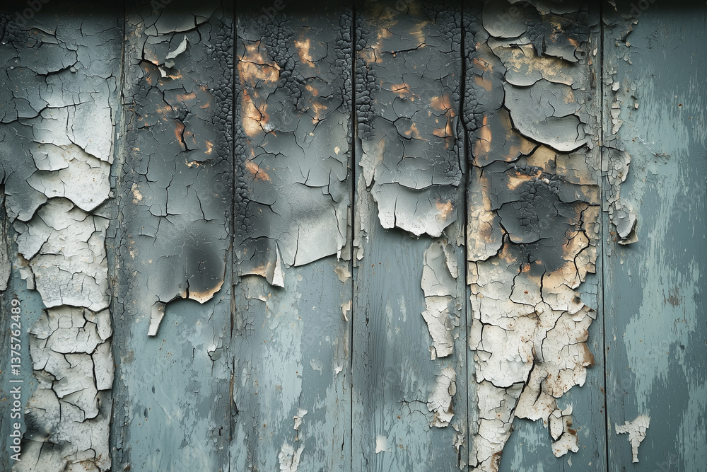 Peeling paint on weathered wooden wall creates haunting atmosphere, showcasing layers of cracked texture and faded colors. decay tells story of time and neglect