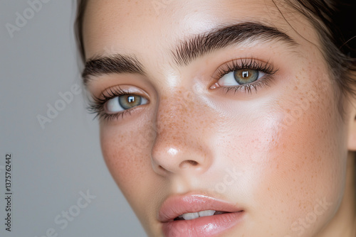 Close up portrait of young woman with radiant skin, showcasing natural beauty and freckles. Her expressive eyes and flawless complexion create captivating image