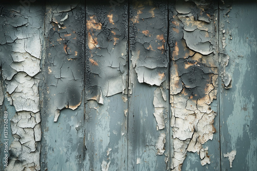 Obraz na płótnie Peeling paint on weathered wooden wall creates haunting atmosphere, showcasing layers of cracked texture and faded colors. decay tells story of time and neglect w salonie