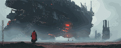 Futuristic landscape with cloaked figure and spaceship in dystopian setting - vector.