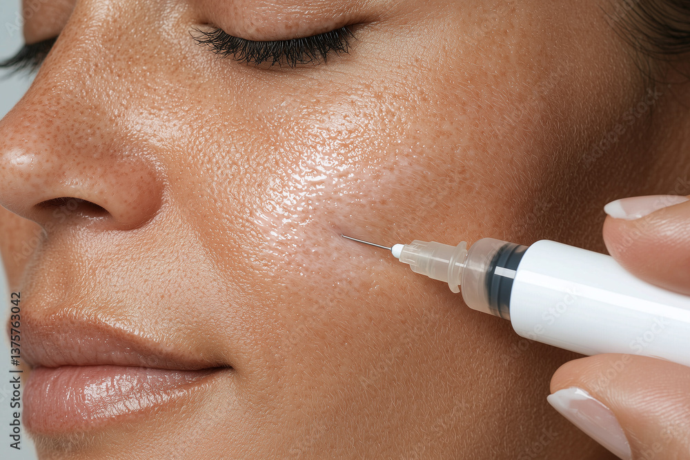 Close up of youthful face receiving beauty treatment with syringe, showcasing skin texture and professional aesthetic procedure