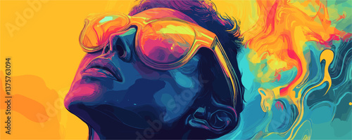 Vibrant abstract portrait of a person in sunglasses with swirling colors - vector.