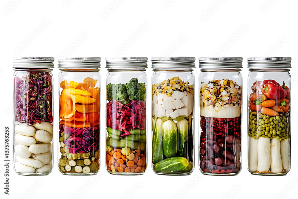 Assorted vegetables and fruits layered in glass jars with silver lids against a black background Assorted vegetables and fruits layered in glass jars with silver lids against a black background