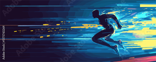 Dynamic futuristic silhouette of a sprinter with vibrant colors and motion blur, vector.