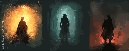 Mysterious lone figures in dramatic shadowy silhouettes in three scenes - vector.