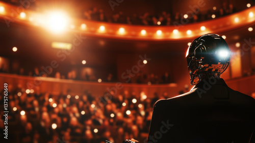 Obraz na płótnie Futuristic robot speaker addressing a large audience in a dimly lit auditorium under a spotlight at a technology conference event w salonie