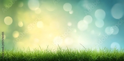 Fresh Green Grass Lawn with Bokeh Light Effect in Blurred Yellow and Blue Background