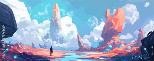 Surreal landscape with vibrant rock formations and lone figure in dreamlike environment, vector art.