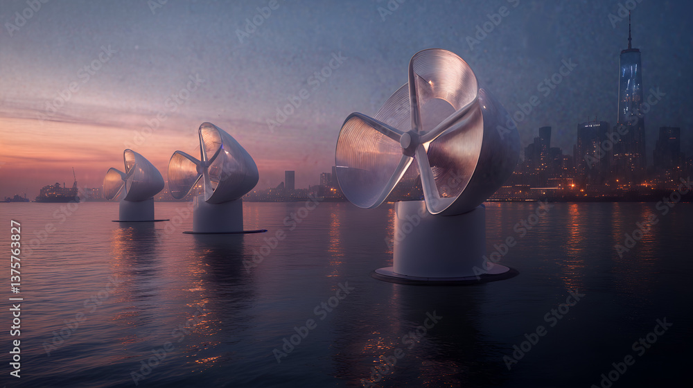 Futuristic wind turbines on water at dusk against city skyline
