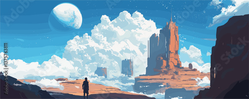 Lone explorer in vast alien landscape with distant planet and monumental rock formations - vector.
