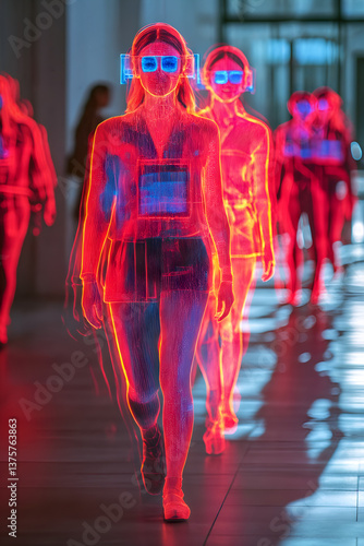 Futuristic neon silhouettes of people walking with tech-inspired gear and bright lights