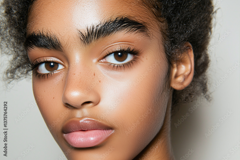 Youthful model with prominent feathered brows and natural makeup, showcasing fresh and radiant look. soft lighting highlights her features beautifully