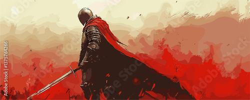 Brave knight in red cape standing with sword on battlefield art - vector.