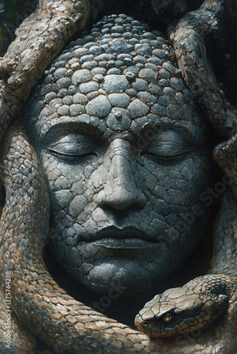 Obraz na płótnie Stone face with coiled serpent: ancient nature sculpture with snake and textured details w salonie