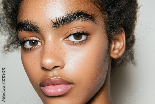 Obraz na płótnie Youthful model with prominent feathered brows and natural makeup, showcasing fresh and radiant look. soft lighting highlights her features beautifully w salonie