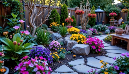 Fototapeta Naklejka Na Ścianę i Meble -  Celestial Garden Design a galaxy themed garden with swirling cosmic plants and sparkling star like flowers.