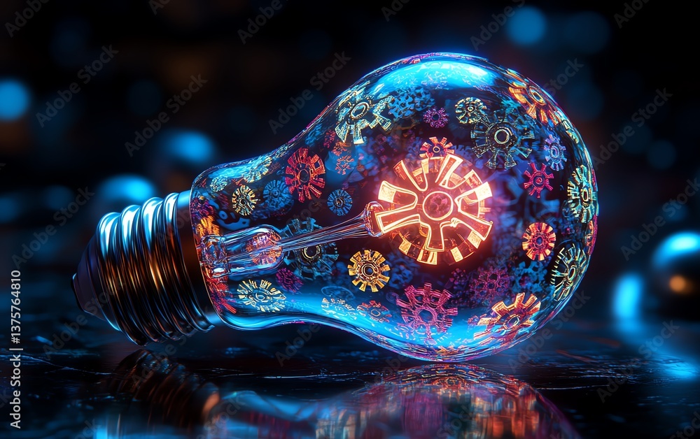 Light bulb filled with vivid, multicolored gears, representing innovation and creativity, glowing softly against a dreamy, orbfilled background Light bulb filled with vivid, multicolored gears, representing innovation and creativity, glowing softly against a dreamy, orbfilled background