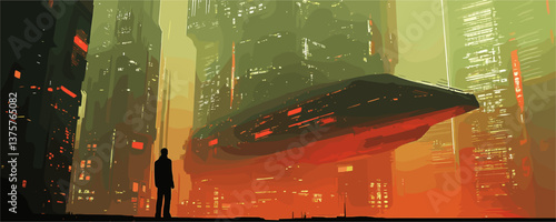 Futuristic cityscape with hovering spaceship and silhouette of man at dusk - vector.