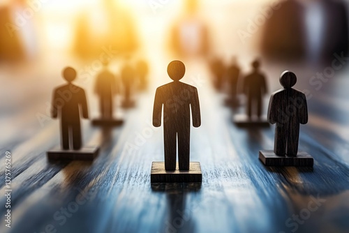 Backlit wooden figures line up with one distinct leader in focus, expressing individuality, leadership, and human resources.