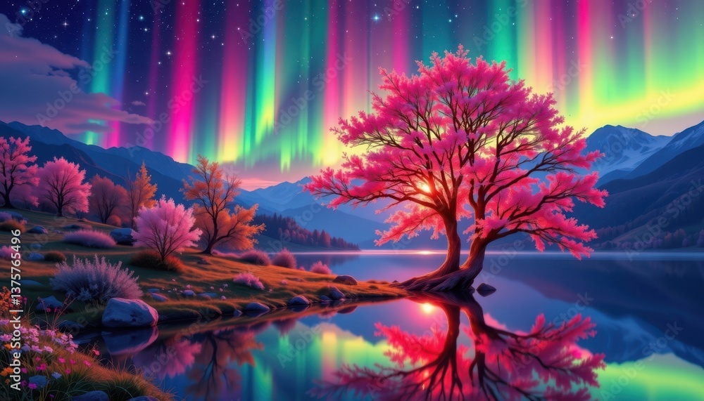 Aurora Tree Bloom Design a landscape where trees bloom under the dazzling aurora borealis, reflecting colorfully on a tranquil lake. Aurora Tree Bloom Design a landscape where trees bloom under the dazzling aurora borealis, reflecting colorfully on a tranquil lake.