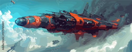 Futuristic spacecraft flying in cloudy sky with vibrant colors - vector.