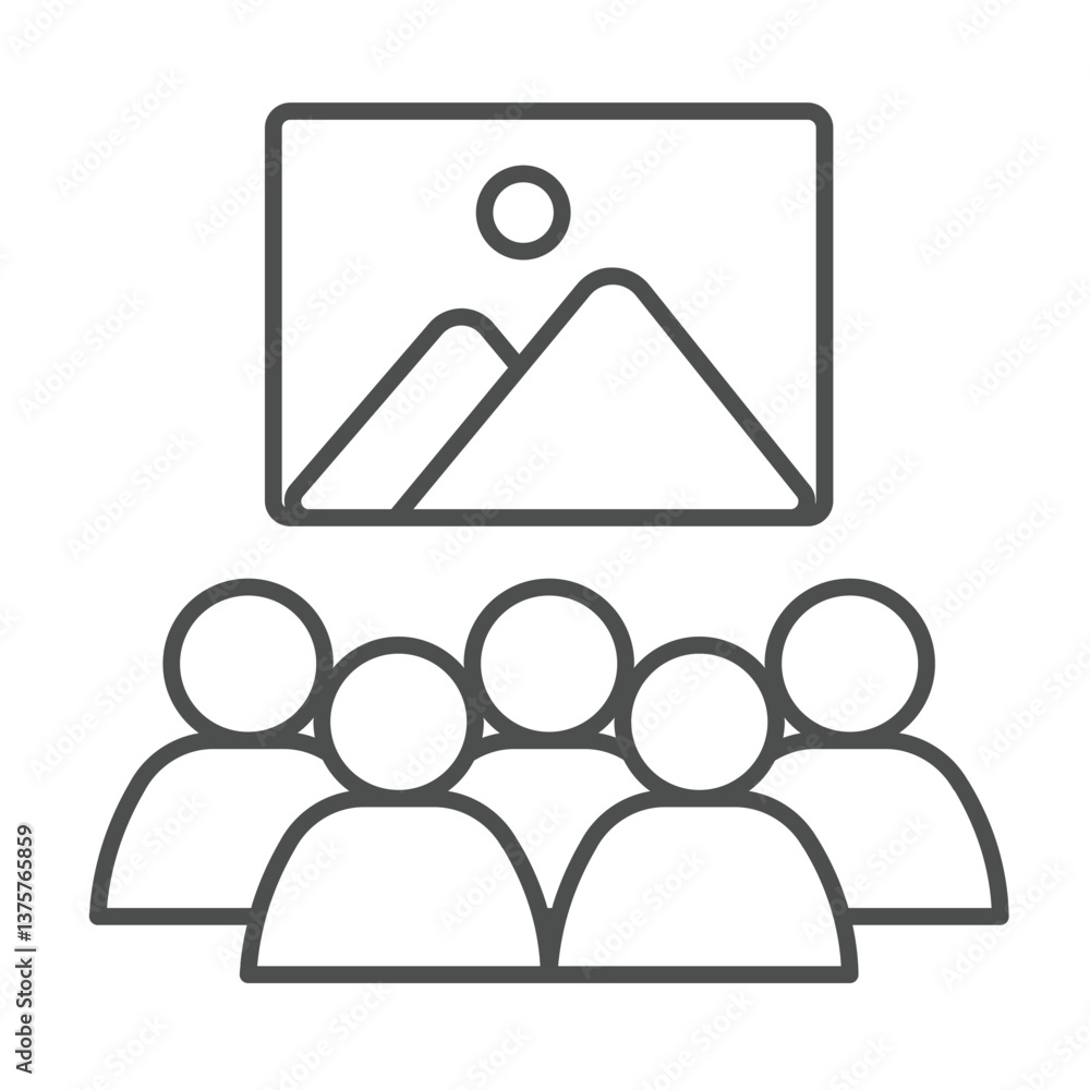 Fototapeta premium Painting and crowd of people thin line icon, city museum concept. Vector graphics. Picture canvas with visitors, audience sign on white background, outline style icon for mobile or web design.