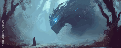 Enigmatic creature in misty forest confronts lone figure at dawn, surreal fantasy scene - vector.
