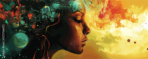 Surreal female profile with abstract cosmic and nature elements, dreamlike art vector.