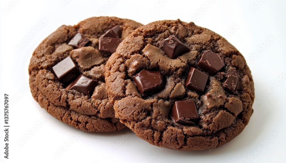 Pair of double chocolate cookies each filled with chocolate pieces set against a white background highlighting their deliciously rich appearance. Rich chocolate treats on white sweet Pair of double chocolate cookies each filled with chocolate pieces set against a white background highlighting their deliciously rich appearance. Rich chocolate treats on white sweet