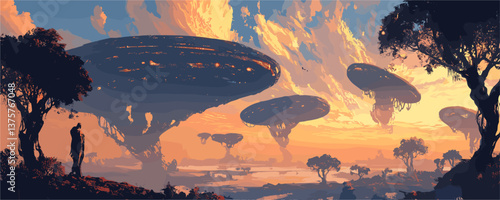 Surreal sunset landscape with floating islands and silhouetted trees in fantasy world, vector.