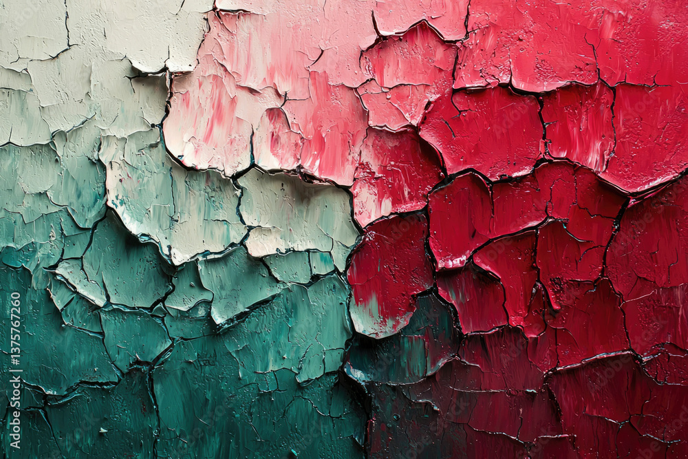 Abstract art showcasing a textured, cracked paint effect in shades of teal, pink, and red. Abstract art showcasing a textured, cracked paint effect in shades of teal, pink, and red.