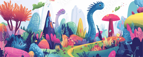 Colorful prehistoric landscape with dinosaurs and lush vegetation - vector.