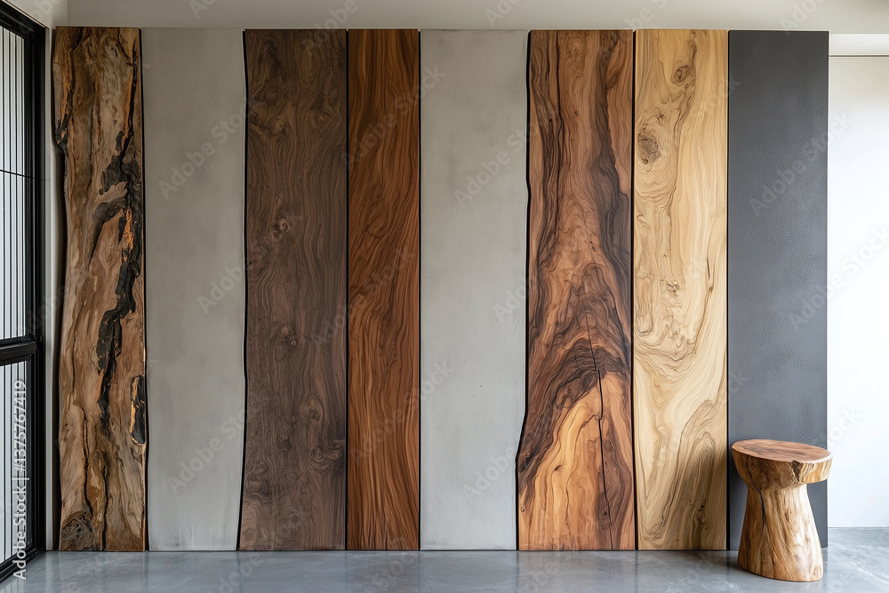 Artistic wall design featuring smooth plaster and contrasting wood panels, creating modern and stylish interior. combination of textures adds warmth and elegance to space