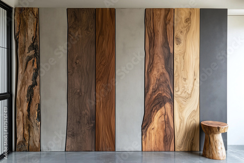 Obraz na płótnie Artistic wall design featuring smooth plaster and contrasting wood panels, creating modern and stylish interior. combination of textures adds warmth and elegance to space w salonie
