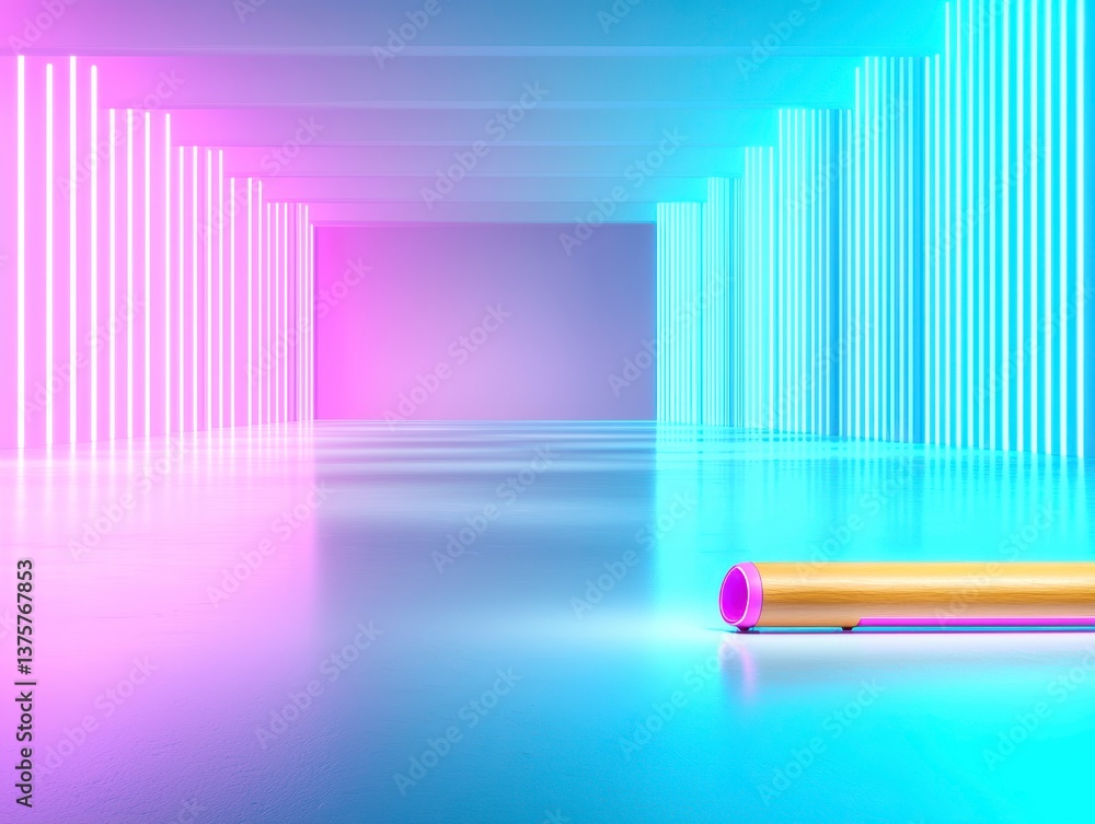 Obraz premium Two high end speakers in neon lit room vibrant blue and pink lighting futuristic audio setup cinematic atmosphere modern sound system moody and dynamic. Glowing speakers vibrant space.