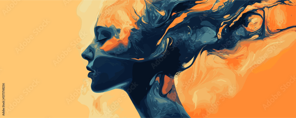 Abstract profile of woman with flowing hair in vibrant colors, art design vector. Abstract profile of woman with flowing hair in vibrant colors, art design vector.