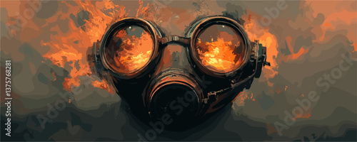 Fiery gas mask surrounded by flames in apocalyptic scene, vector.