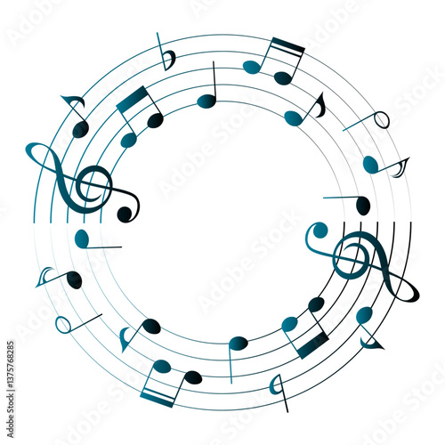 Music notes background, round musical frame, vector illustration.