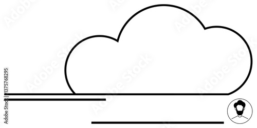 Simplistic cloud outline anchored by minimal horizontal lines and small human profile in a circle. Ideal for weather, inspiration, connectivity, data, simplicity, minimalism, creativity. Flat simple