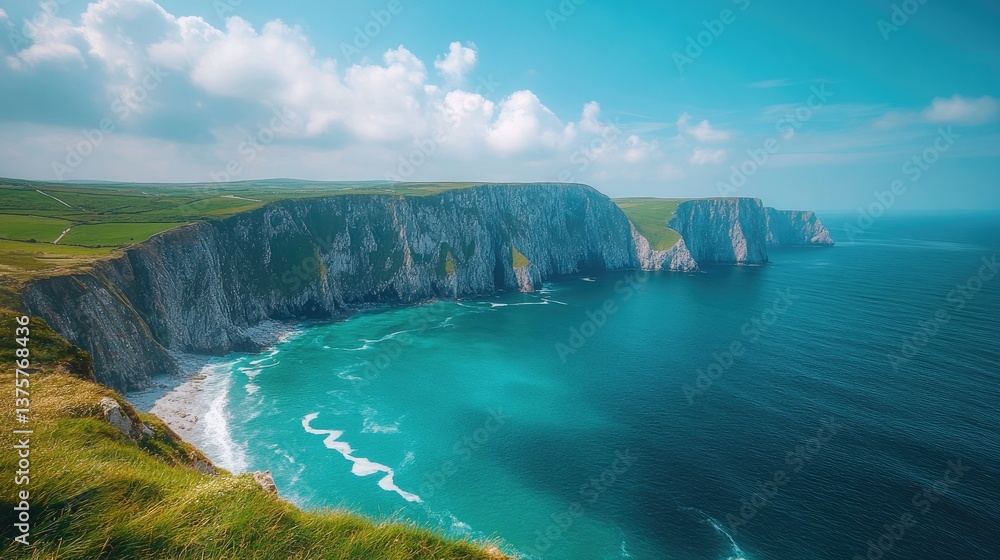 Fototapeta premium Breathtaking coastal view of rugged cliffs and turquoise waters under a bright blue sky, showcasing nature's stunning beauty