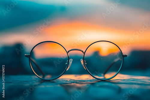 Round eyeglasses on surface with vibrant sunset bokeh, dreamy focus concept about perspective, clarity, and seeing possibilities.