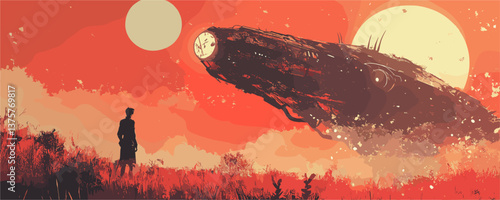 Surreal landscape with silhouetted figure and enormous alien spaceship at sunset - vector.