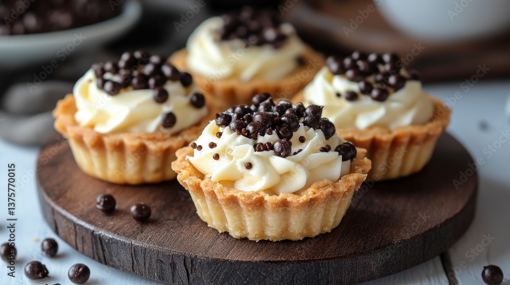 Golden-brown chocolate chip tarts with creamy frosting sit on a rustic board, surrounded by coffee beans. A sweet, inviting treat! Golden-brown chocolate chip tarts with creamy frosting sit on a rustic board, surrounded by coffee beans. A sweet, inviting treat!