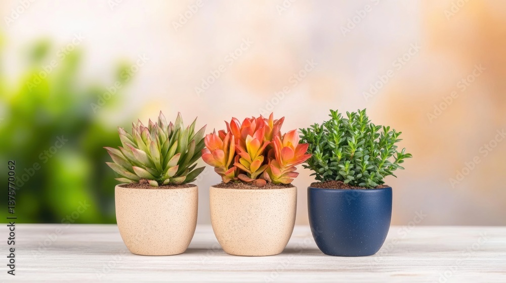 Fototapeta premium Three vibrant potted succulents in different pots showcase their unique colors and textures against a soft, blurred background of plants