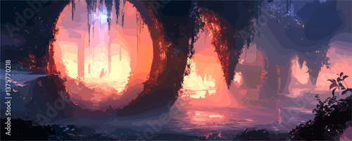 Mystical cave with glowing entrance and water reflection at sunset, abstract landscape vector.