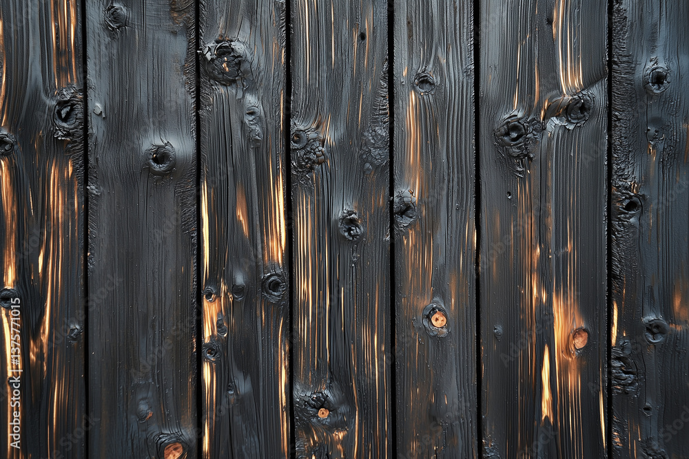 Burnt wood texture with bold charred aesthetic, showcasing deep grooves and knots that create striking visual appeal. interplay of light enhances its unique character