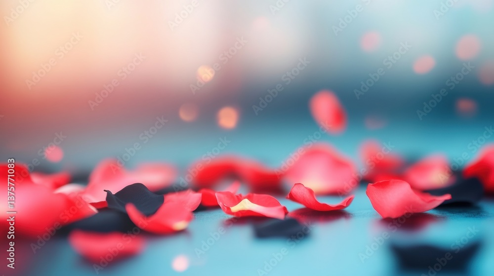 Delicate rose petals in shades of red and black are scattered across a smooth surface, enhancing the romantic ambiance of the space Delicate rose petals in shades of red and black are scattered across a smooth surface, enhancing the romantic ambiance of the space