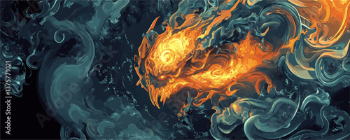 Fiery dragon spirit with glowing flames surrounded by mystical smoke - vector.
