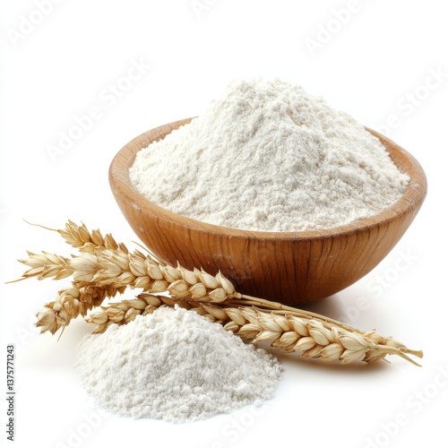 Realistic, appetizing image of soft, powdery wheat flour on a clean white background. Natural textures and soft lighting highlight its freshness. Minimal, elegant composition for food visuals