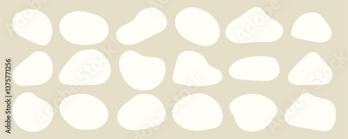 Set of liquid organic shapes, irregular form in white colors. Simple freeform, asymmetric blob. Random deformed abstract figures. Modern uneven blots